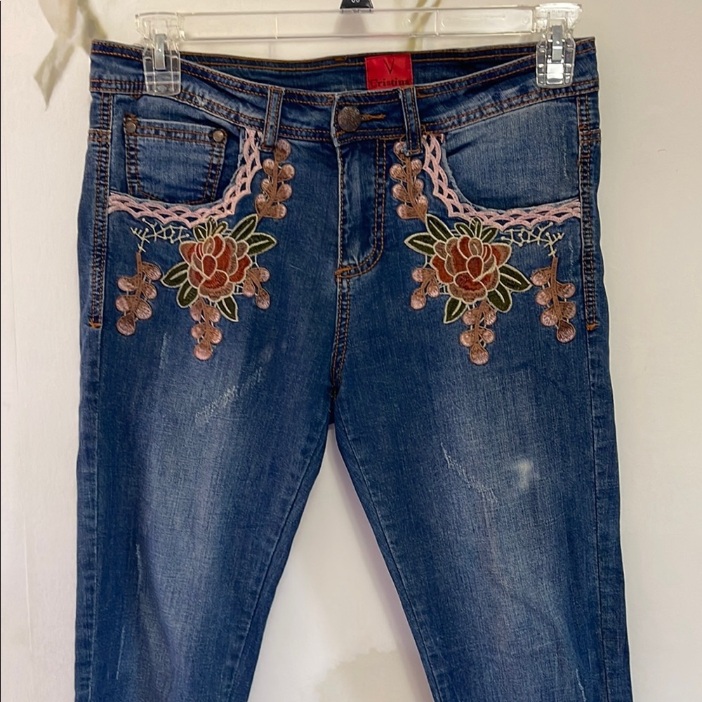 Christina Distressed Skinny Jeans with Ornate Floral Embellishments